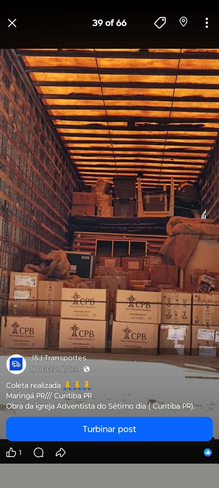 Carga transportada pela J&J Transportes