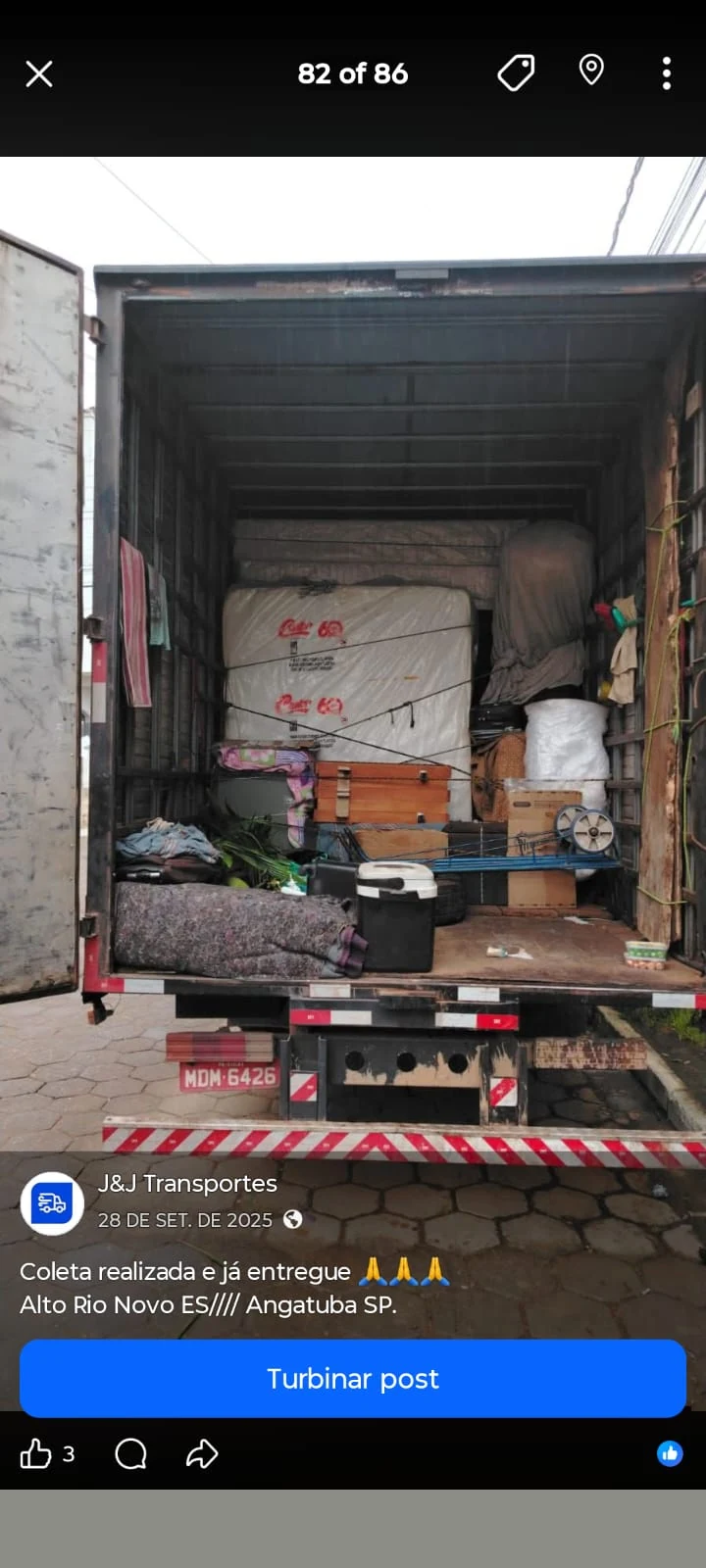 Carga transportada pela J&J Transportes